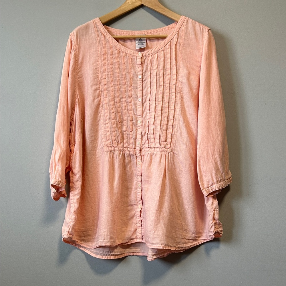 Lands’ End Linen Coastal Pintuck Boho Minimalist Shirt Top 2X